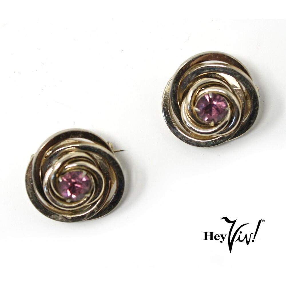 Vintage Coro Signed Pins Matching Pair Swirl w Rhinestone Center 1" - Hey Viv